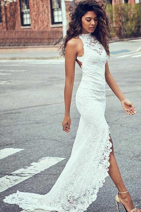 high neck lace wedding dress